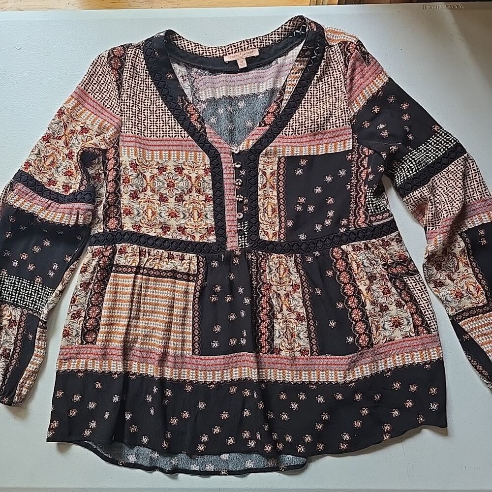 Gibson Latimer Size Medium Patchwork Long Sleeve Pullover Boho Top Black Festiva